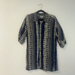 VTG Blue Short‎ Sleeve Button Up Shirt Blue Cream Print Button Down Short Sleeve